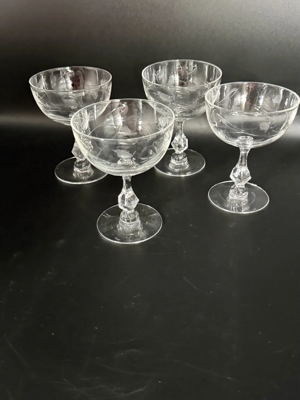 Vintage Etched Crystal Champagne Tall Sherbet Glasses Faceted Stem Set of 4